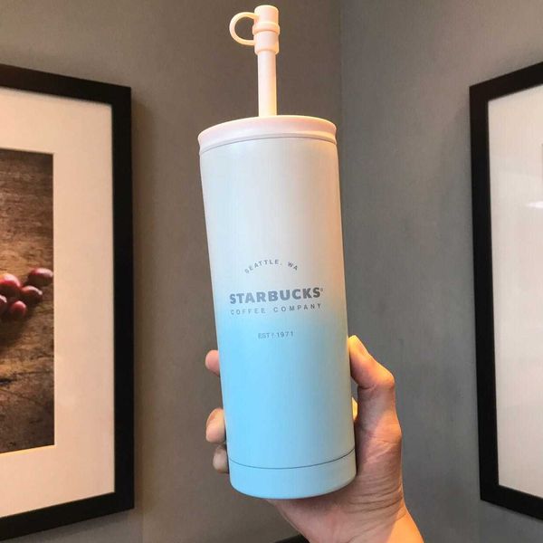 

2020 starbucks cup new summer blue gradient stainless steel straw cup 600ml