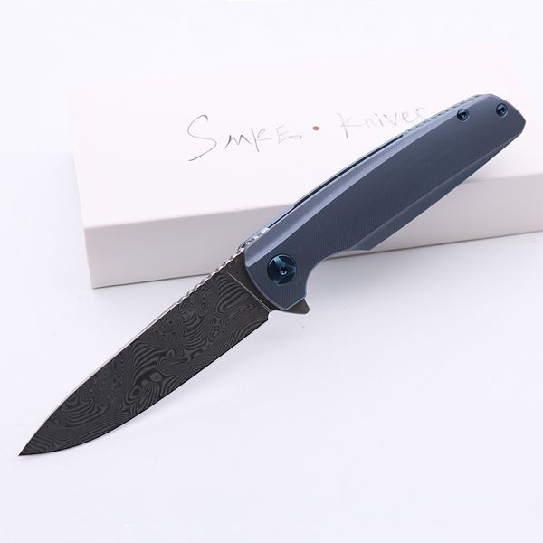 Hochwertiges SMKE Knives Spectre Taschen-Klappmesser, Damastklinge, blau eloxierter Titangriff, taktisches Überlebensmesser, Outdoor-Werkzeuge