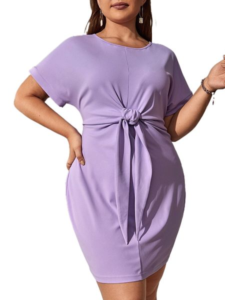 

plus batwing sleeve tie front dress d103#, Black