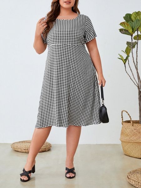 

emery rose plus gingham print a-line dress y94y#, Black