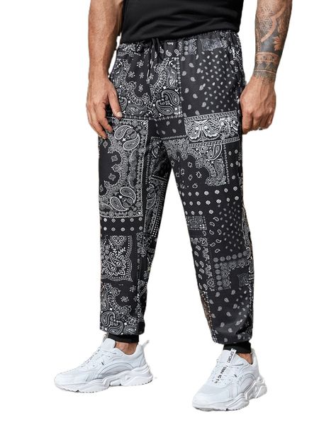 

men random paisley print sweatpants 06el#, Black