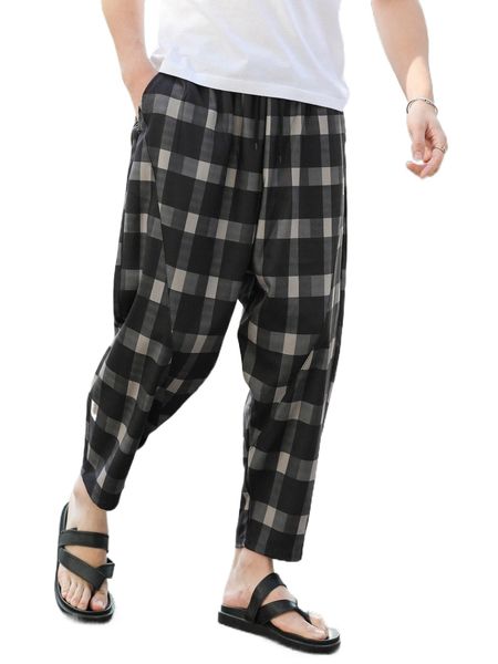 

men plaid print drop crotch pants 984m#, Black