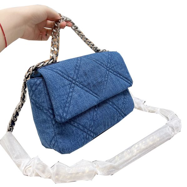 

2022ss 26cm denim 19 bicolore quilted classic flap bags blue silver metal hardware turn loack chain totes strap crossbody shoulder large cap