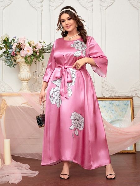 

plus flounce sleeve self belted floral dress 66cs#, Black
