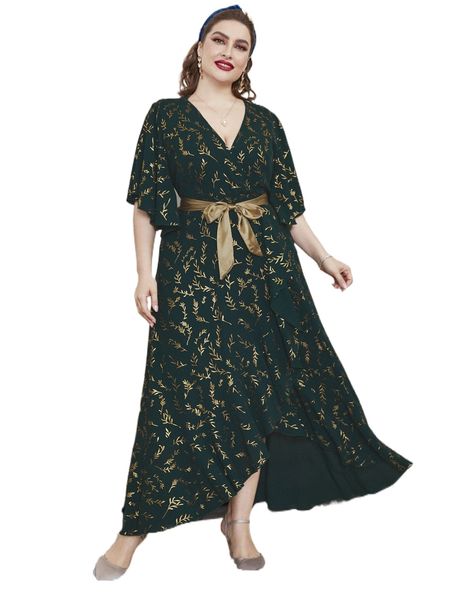 

plus gold leaf print butterfly sleeve belted dress o85p#, Black