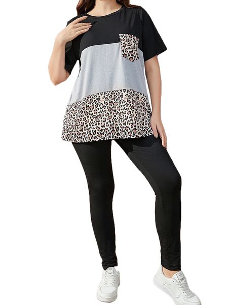 

plus leopard colorblock patched pocket tee & leggings h16a#, Black