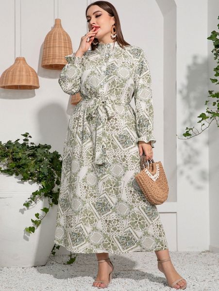 

plus patchwork print flounce sleeve belted shirt dress k93d#, Black