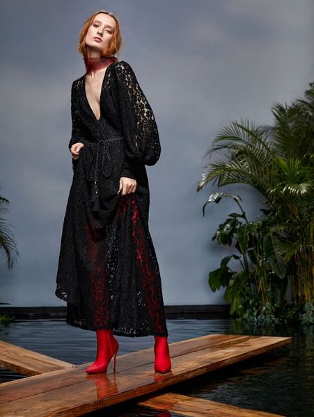 

x elle rebel deep v neck lantern sleeve belted lace dress 66gl#, Black;gray