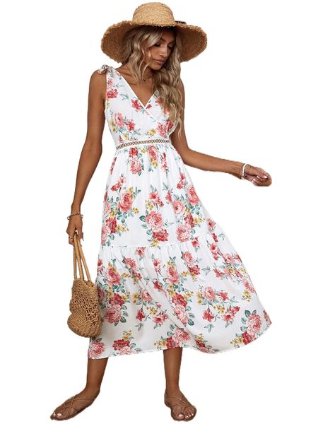 

floral print overlap collar knot detail backless ruffle hem dress e2n9#, Black;gray