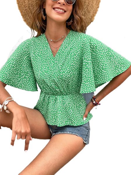 

ditsy floral butterfly sleeve peplum blouse y4l7#, White