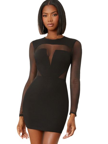 

sheer mesh insert zipper back dress s93j#, Black;gray