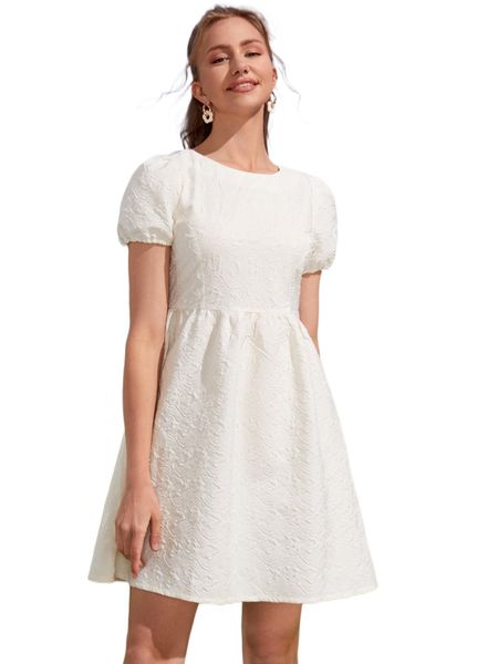 

1pc solid puff sleeve zip back a-line dress u8qo#, Black;gray