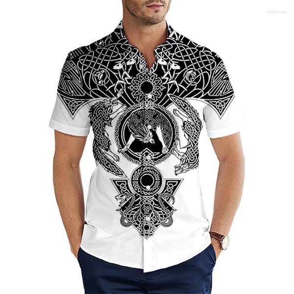 Мужские повседневные рубашки летние с коротким рукавом символ викинга татуировка Raven 3d Print Hawaiian рубашка мужская рубашка Harajuku Eldd22