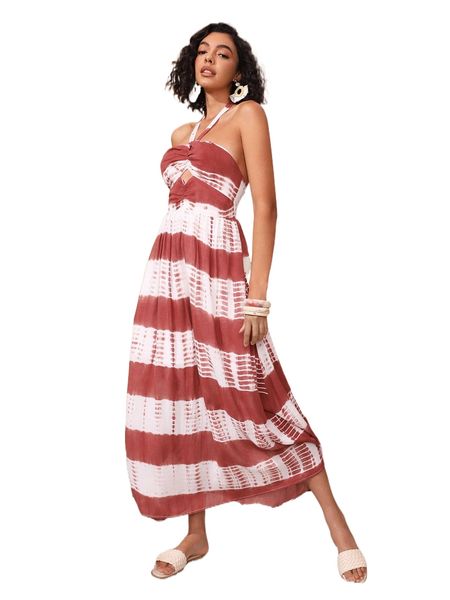 

tie dye ruched cut out tie backless halter dress h0xf#, Black;gray
