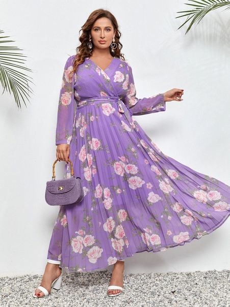 

plus floral print overlap collar pleated hem belted dress y0ic#, Black