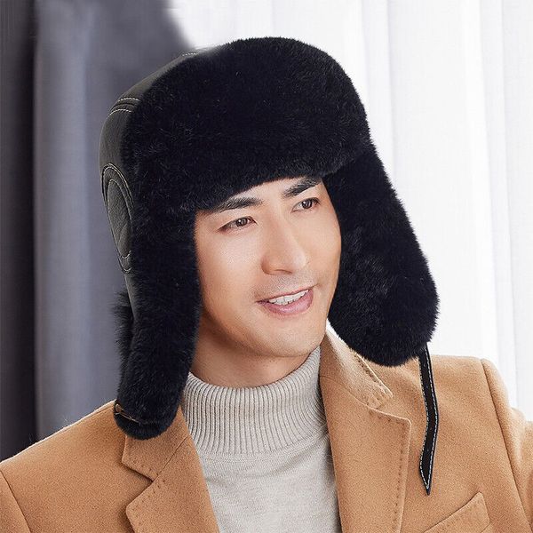 

men's real sheepskin trapper hat rex rabbit fur earflaps ski cap russian ushanka, Blue;gray