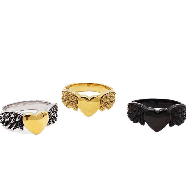 

316l stainless steel ring retro gold black angel wings peach heart love rings men's and women's engagement ring gift jewelry, Golden;silver