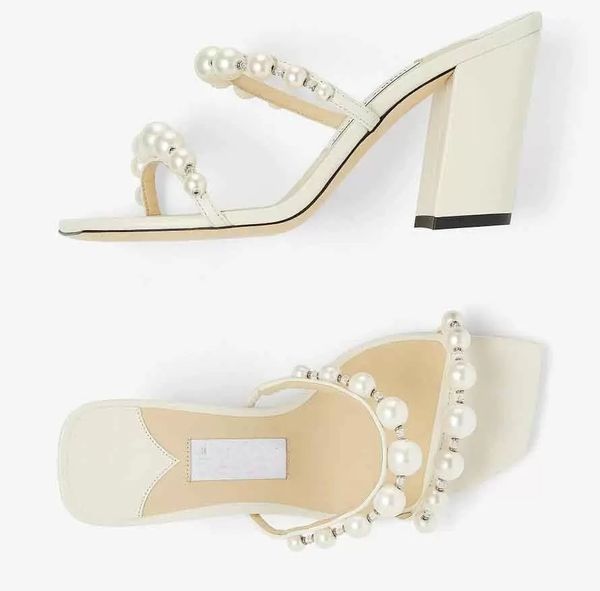 

2022 summer luxury brands sandals shoes women nappa leather mules with pearl embellishment block heels lady slippers & mules eu34-43, Black