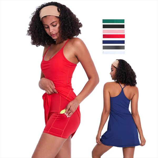 

women athletic dresses style exercise fitness workout sleeveless tennis dress with built-in shorts, Black;gray