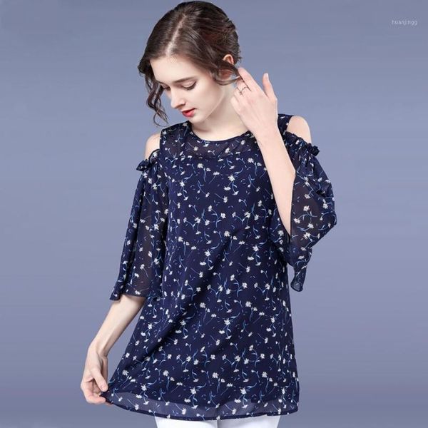 Donne di moda estiva Top Mezza Flare Sleeve Stampa Off-spalla lungo Chiffon Camicetta Blusa Navy Taglia L-5XL Camicette da donna Camicie da donna