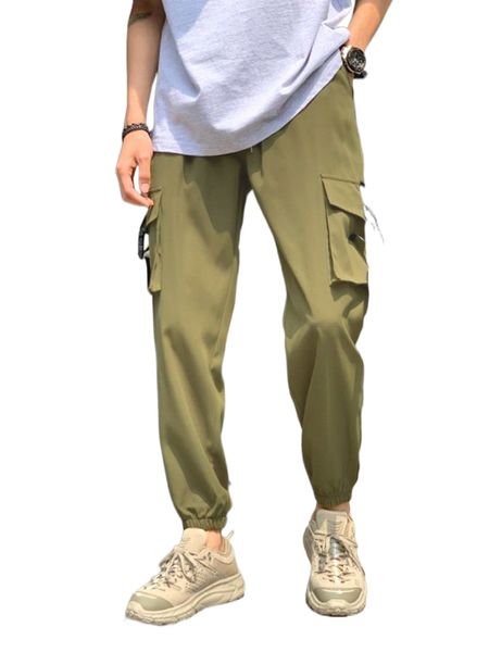 

men solid drawstring waist cargo pants l0tg#, Black