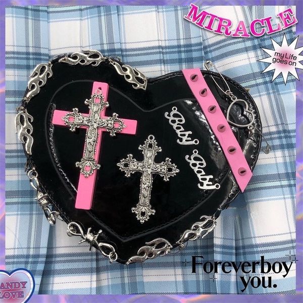 

xiuya harajuku y2k heart bag for women gothic punk rivet cross girls messenger bag female japanese cute lolita clutch purse 220809