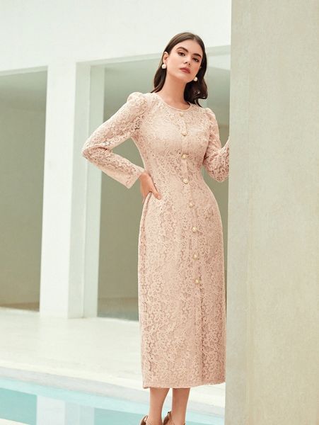 

button front split back puff sleeve lace dress d4z6#, Black;gray