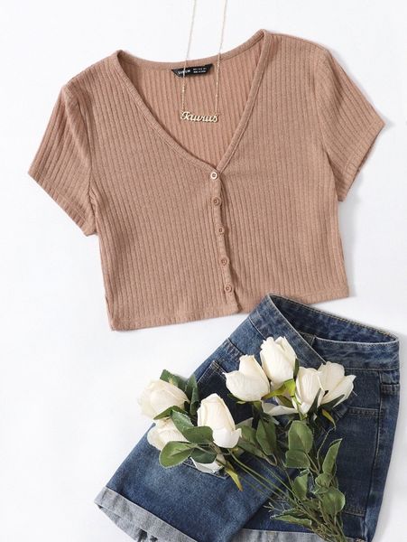 

v-neck button placket crop tee r97o#, White