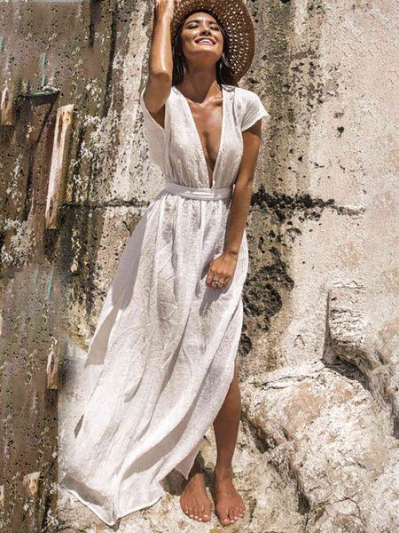 Fitshinling rückenfreies tiefes V-Ausschnitt Boho langes Kleid Tunika Bademode Sexy heißes weißes Kleid Schlitz Sommerurlaub Pareo Damen Maxikleid G220510
