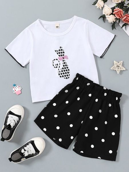 

toddler girls cartoon graphic tee with polka dot shorts she, White