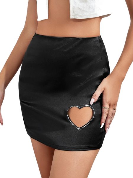 

rhinestone heart cut satin bodycon skirt m7tz#, Black