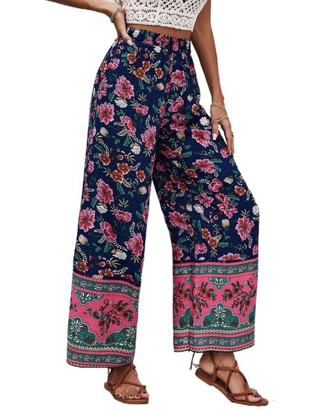 

floral print wide leg pants w6nb#, Black;white