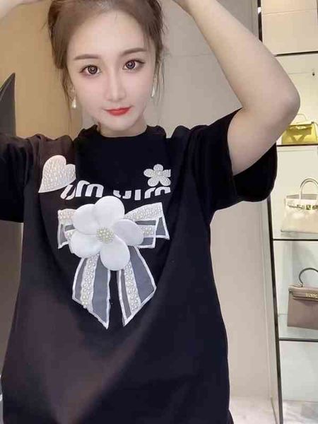 

women's t-shirt spring and summer minority design flower bow letter printing hand drilled short sleeve t-shirt sweet style ednf 1ph6, White