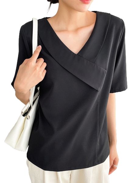 

dazy-less solid v neck blouse k6df#, White