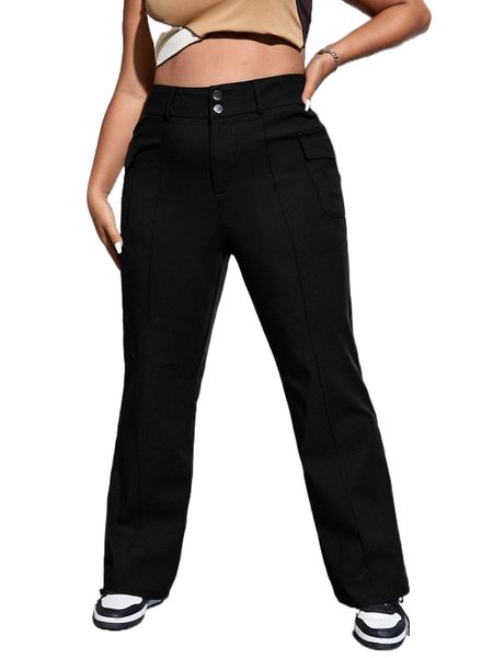 

plus high waist flap pocket side pants d45j#, Black