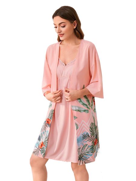 

1 pc tropical print drop shoulder belted robe c8rj#, Black;red