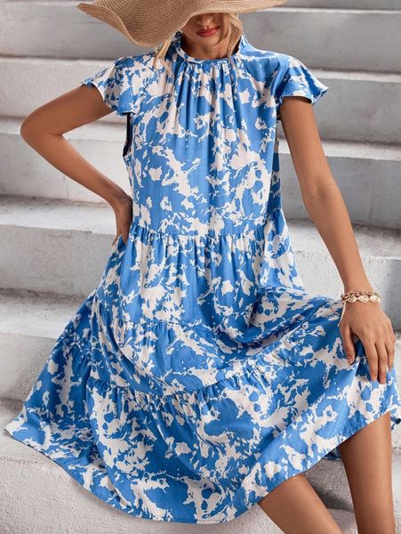 

mock neck allover print ruffle hem dress q79y#, Black;gray