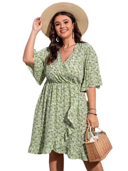 

plus ditsy floral ruffle tulip hem dress e0vx#, Black