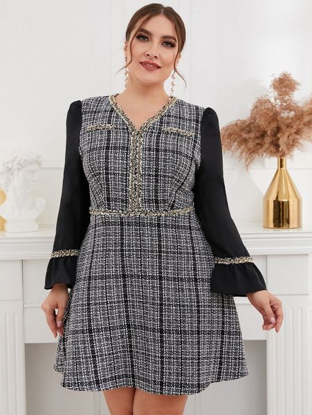 

plus plaid flounce sleeve raw trim tweed dress j5tv#, Black