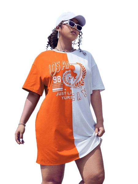 

plus horse & slogan graphic drop shoulder tee dress 309n#, Black