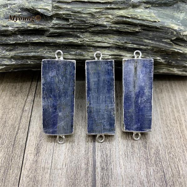 Collane con ciondolo Rettangolo Placcato in argento Cianite blu naturale Connettore lastra Gemme Perline di pietra Charms per gioielli fai-da-te Accessori Penda