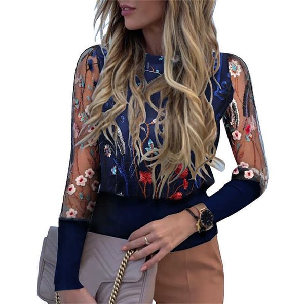 

women elegant fashion female casual blouse floral embroidery sheer mesh long sleeve blouse 210716, White