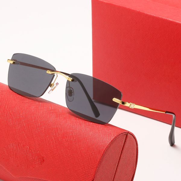 Herren-Sonnenbrille, trendige Sonnenbrille für Damen, einfacher Rinless-Metallrahmen, ornamentaler Gold-modifizierter Arm, UV400, Strand-Laufsteg-Show, Mini-Modedesigner-Brille mit Box