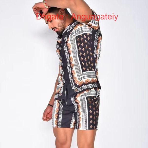 

men's casual shirts luxury men tracksuits hawaiian fashion sets printing short sleeve button shirt summer beach shorts tees streetwear, White;black
