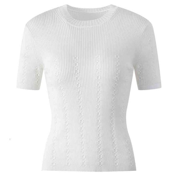 

women's knits tees summer hollow knitted women's round neck sweater jacquard temperament slim fit solid color 4o3y, White