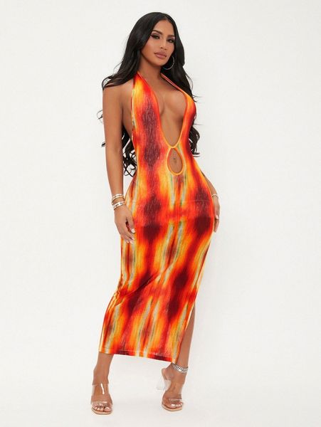 

sxy brush print cut out tie backless split thigh halter dress t3v1#, Black;gray