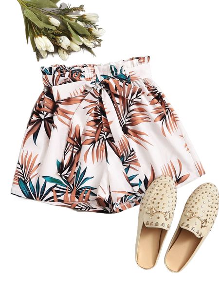 

tropical leaf print paperbag shorts c7yq#, White;black