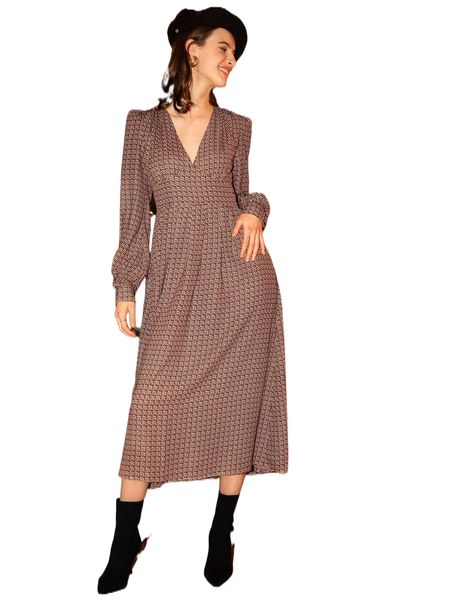 

allover print bishop sleeve dress 05q1#, Black;gray