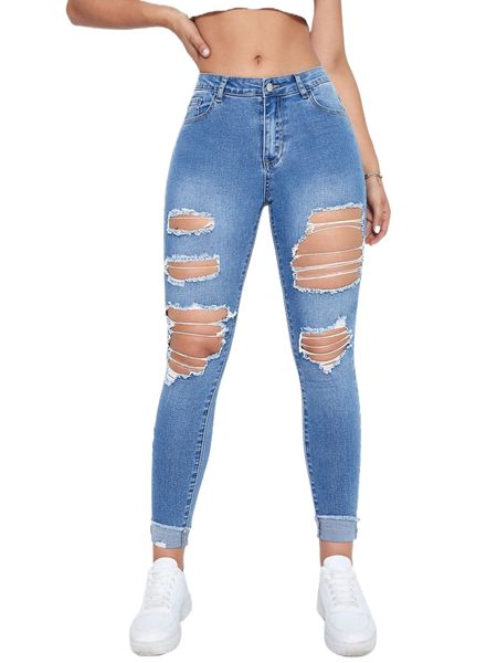 

cut out ripped frayed skinny jeans k09a#, Blue