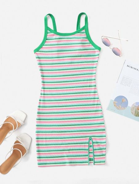

striped print split hem dress w5so#, Black;gray